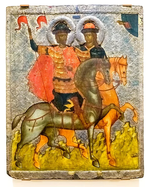 Античная русская православная икона. The Saints Boris and Gleb, 14th c. — стоковое фото