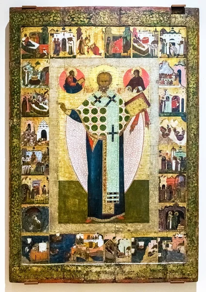 Antike russisch-orthodoxe Ikone. st. nikolaus mit den szenen aus — Stockfoto