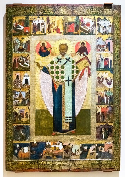 Antique Russian orthodox icon. St. Nicholas with the Scenes from
