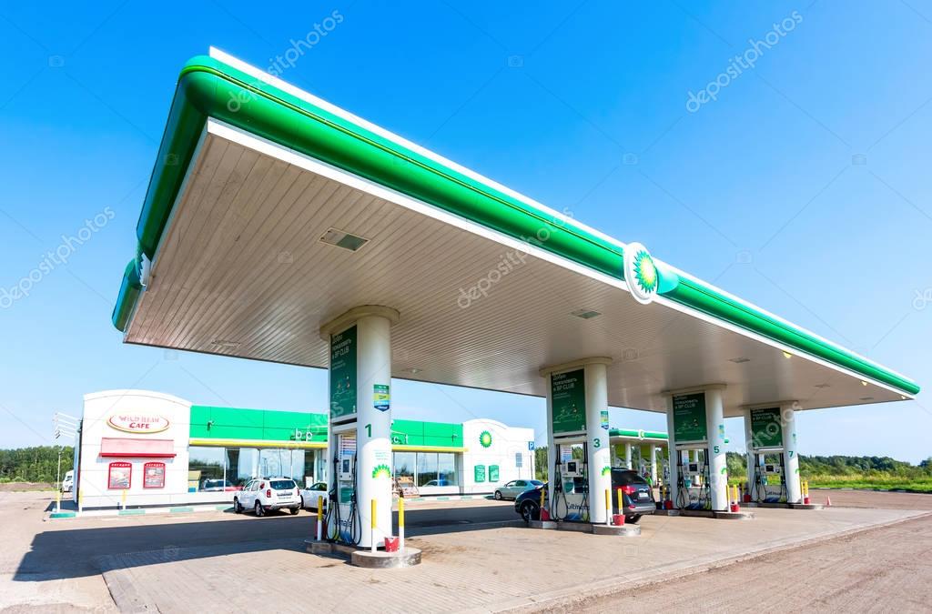 Novgorod region, Russia - August 17, 2017: British Petroleum gas station in summer day. British Petroleum is a British multinational oil and gas company