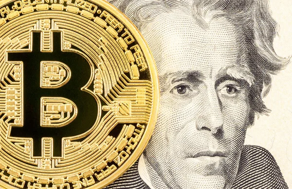 Criptomoeda do Bitcoin com portt do presidente Andrew Ja — Fotografia de Stock