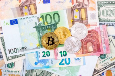 Cryptocurrency euro banknot ve Amerikan dolla sikkeleri