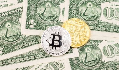 Amerikan Doları üzerinde yalan Bitcoin Cryptocurrency. Otobüs
