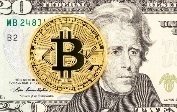 Cryptocurrency Bitcoin, лежачи на американський долар bankn — стокове фото