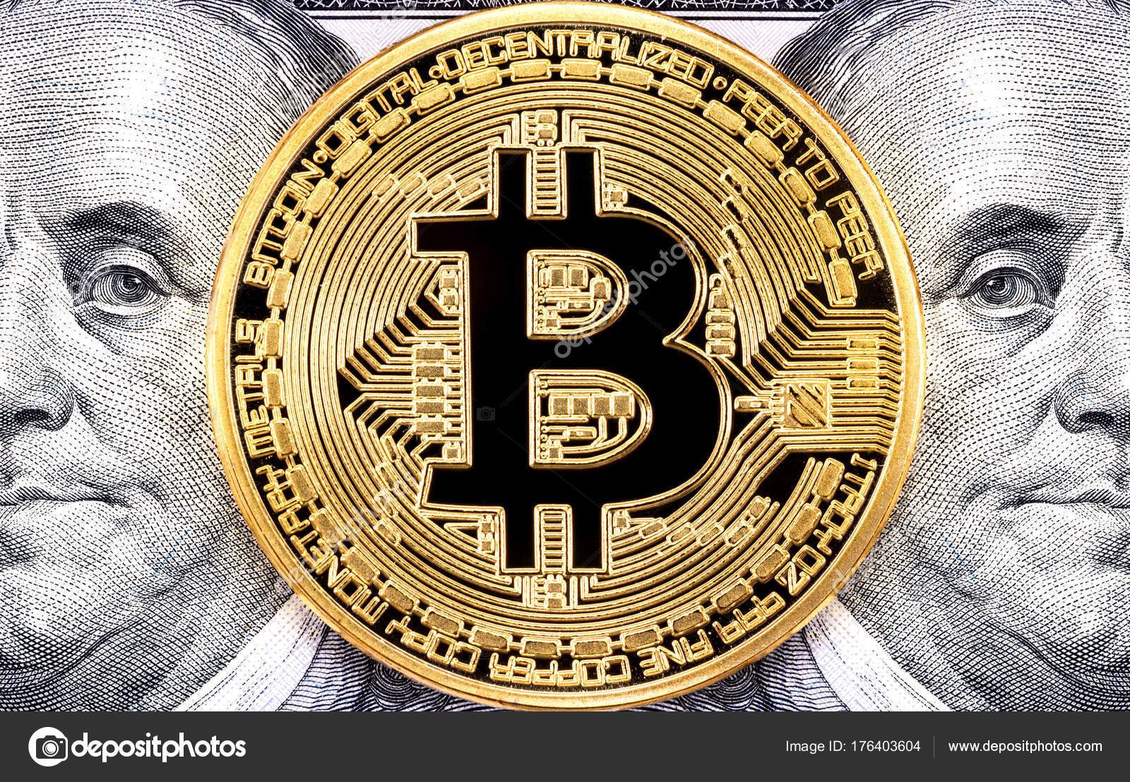 Golden bitcoin with Benjamin Franklin portrait from one hundred — Stock  Editorial Photo © blinow61 #176403604