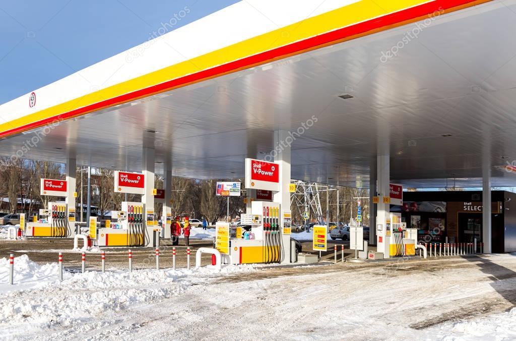 Samara, Russia - January 8, 2018: Shell gas station in winter day. Royal Dutch Shell is an Anglo-Dutch multinational oil and gas company