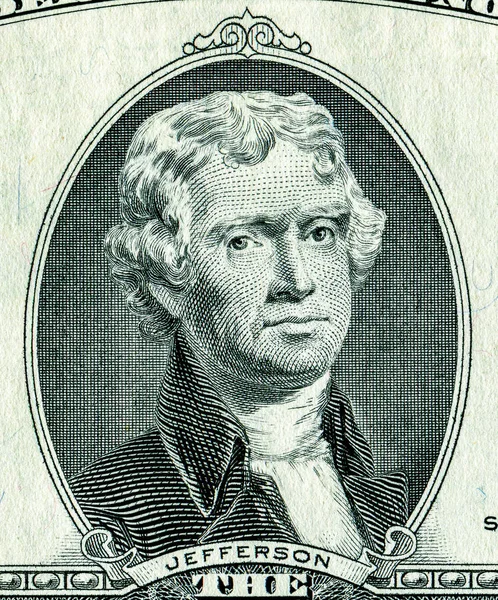 Thomas Jefferson portret van twee dollar biljet — Stockfoto