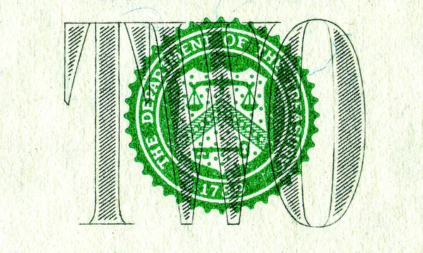 Notas de dois dólares americanos, detalhe. Moeda em papel dos EUA — Fotografia de Stock