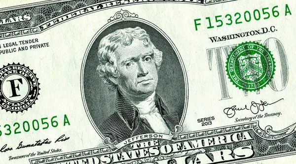 Notas de dois dólares americanos com retrato de Thomas Jefferso — Fotografia de Stock
