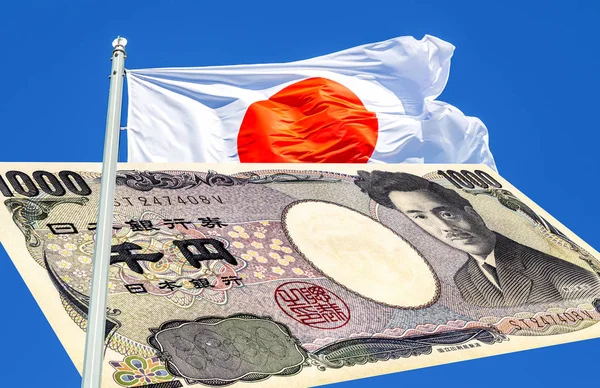 Прапор Японії та японська валюта 1000 єн. — стокове фото