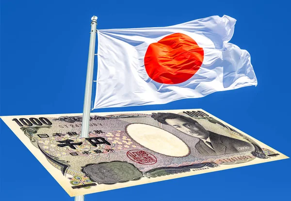 Flag of Japan and Japanese currency 1000 yen — Stock Photo, Image