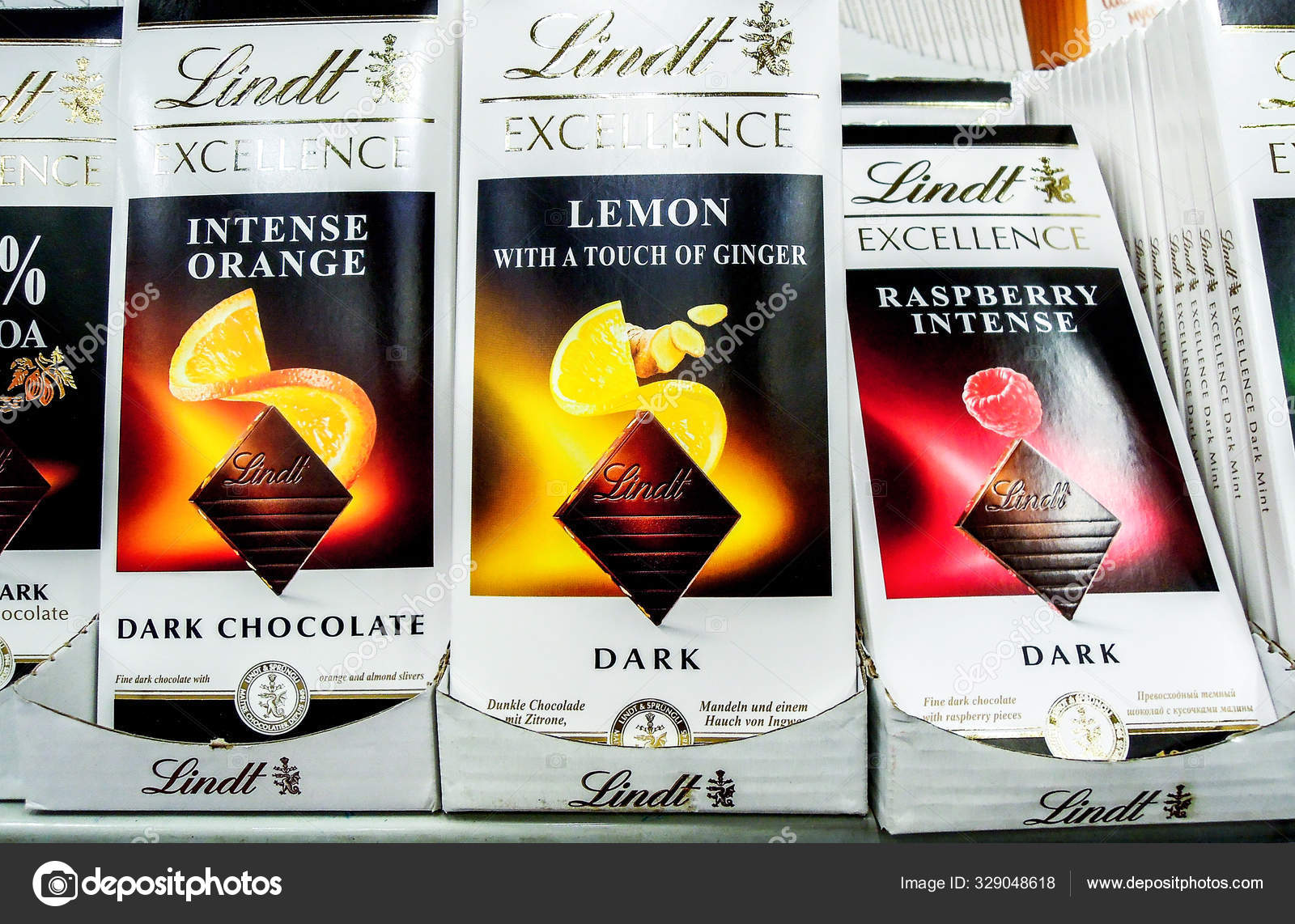 Lindt Exellence Assorted Chocolate Bars On The Shelf In Grocery
