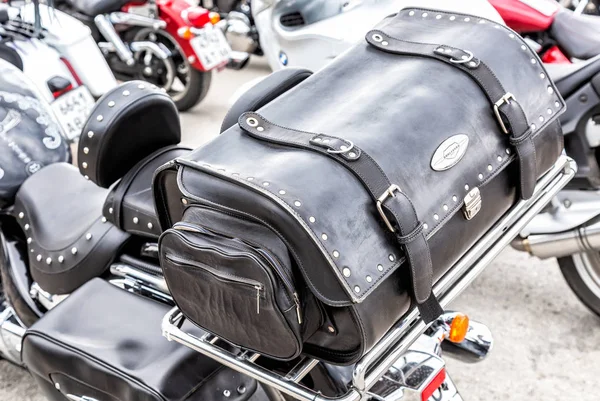 Leather motorcycle bag for carrying luggage — Stock Photo, Image