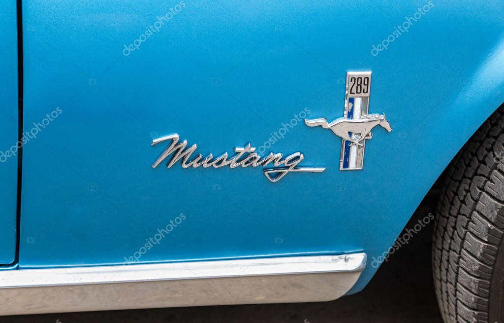 Samara, Russia - May 18, 2019: Retro car Ford Mustang logo. The Ford Mustang is an American automobile manufactured by Ford
