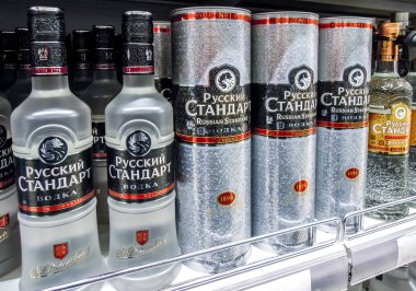 Russian Standard vodka ready for sale on the shelf in superstore