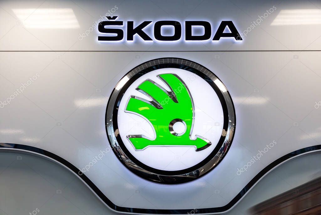 Samara, Russia - February 15, 2020: Skoda dealership sign. Skoda Auto is an automobile manufacturer based in the Czech Republic