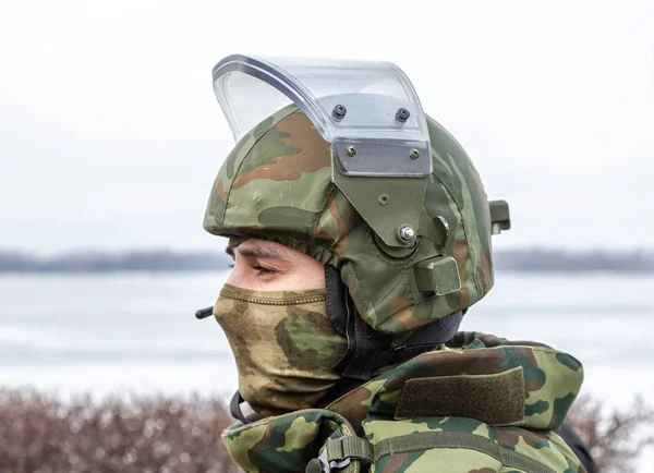 Samara Russia February 2020 Special Forces Soldier Protective Helmet Glasses — Stock Photo, Image