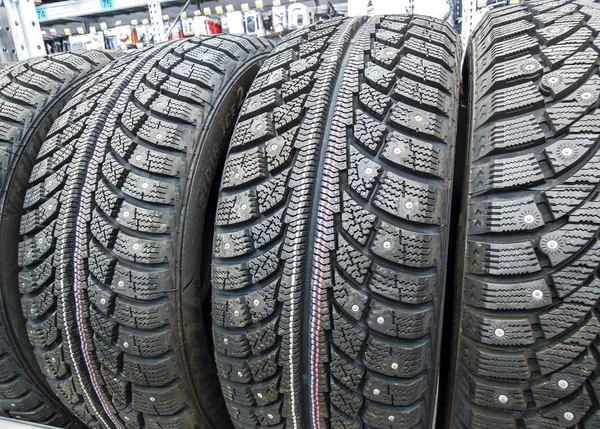 Samara Russia February 2020 Winter Vehicle Tires Stacked Sale Chain — Stock Photo, Image