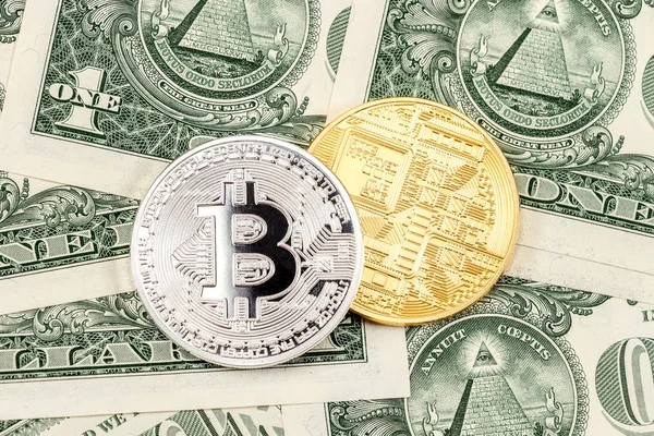 Criptomoeda Dos Bitcoins Deitado Nota Dólar Americano Conceito Negócio Novo — Fotografia de Stock