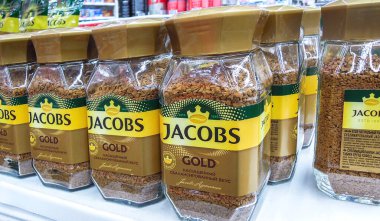Samara, Russia - February 29, 2020: Coffee Jacobs Gold on the shelf at the grocery store