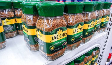 Samara, Russia - February 29, 2020: Coffee Jacobs Monarch on the shelf at the grocery store