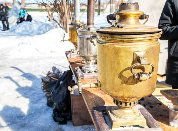 Old Russian Traditional Samovars Tea Ceremony — Stock Photo, Image