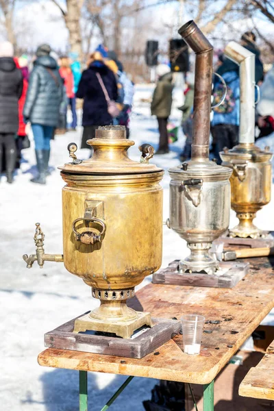 Vecchi Samovar Tradizionali Russi Cerimonia Del — Foto Stock