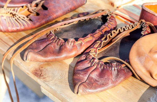 Tradizionali Scarpe Pelle Vintage Fatte Mano Vicino — Foto Stock