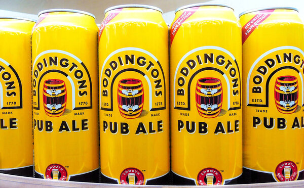 Samara, Russia - March 7, 2020: Boddingtons pub ale alcoholic beer ready for sale on the shelf in superstore. Various bottled alcoholic beverages and spirit drinks