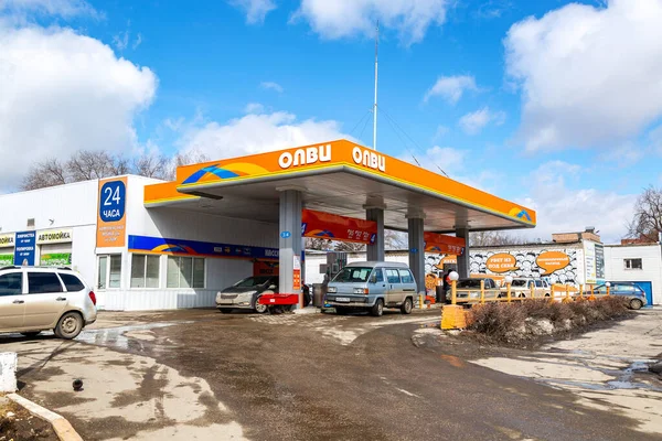 Samara Rusland Maart 2017 Olvi Benzinestation Aan Straat Stad Zonnige — Stockfoto