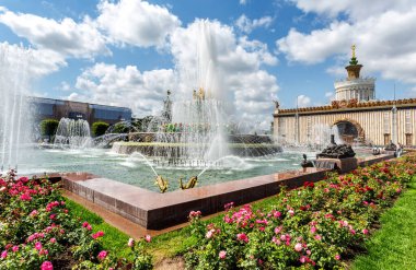 Moskova, Rusya - 8 Temmuz 2019: Güneşli yaz gününde VDNKH parkında Stone Flower Fountain. Ulusal Ekonomi Başarı Sergisi Moskova 'nın popüler turistik simgesidir