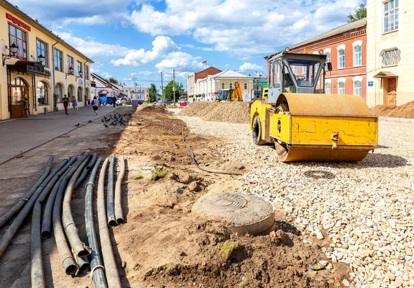 Borovichi Rusia Julio 2019 Rodillo Carretera Trabajando Construcción Una Nueva — Foto de Stock