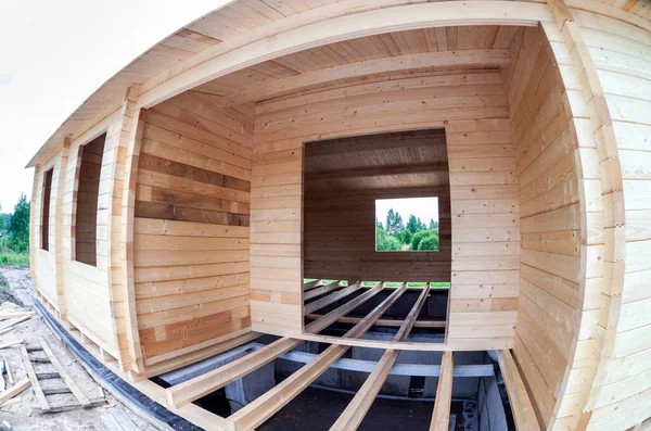 Budowa Nowego Drewnianego Domu Kamiennym Fundamencie — Zdjęcie stockowe