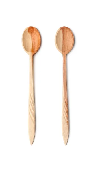 Dos cucharaditas largas hechas de madera natural. Aislado sobre respaldo blanco —  Fotos de Stock