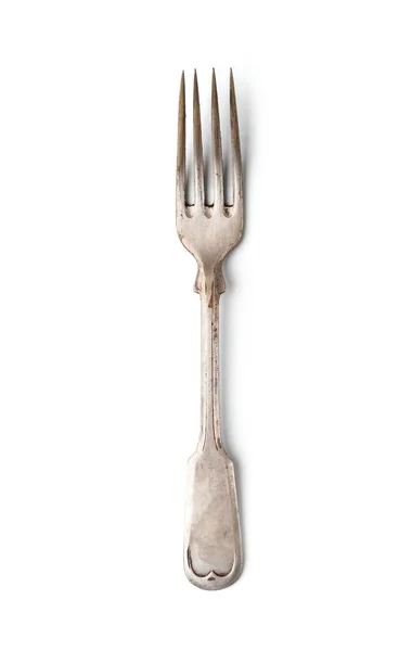 Un viejo tenedor desgastado en un estilo clásico. Aislado sobre fondo blanco — Foto de Stock