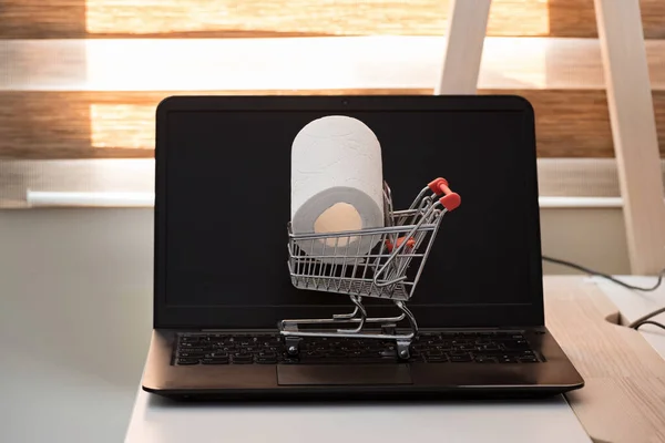 Konzeptfoto mit Miniatur-Einkaufswagen und Toilettenpapier. Sicherheit beim Einkaufen im Internet. — Stockfoto