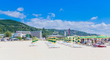 Karadeniz kıyı, mavi temiz su, kum, Albena, Bulgaristan ile plaj