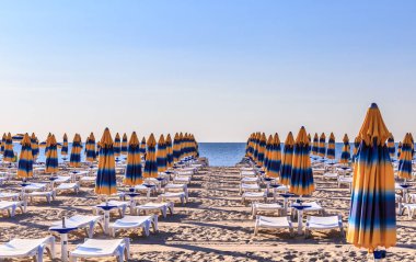 Karadeniz kıyı, mavi temiz su, kum, şemsiye ve şezlong ile plaj. Albena, Bulgaristan