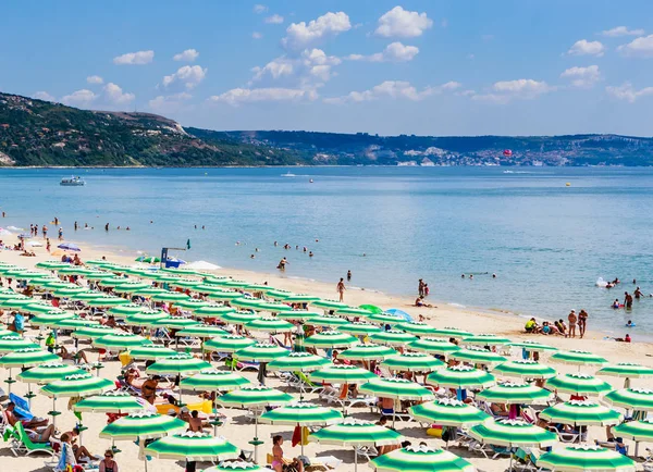 Karadeniz kıyı, mavi berrak su, kum, plaj şemsiye. Albena, Bulgaristan