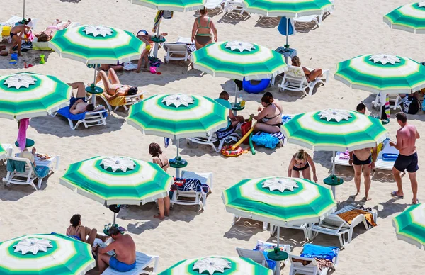 Karadeniz kıyı, mavi berrak su, kum, plaj şemsiye. Albena, Bulgaristan — Stok fotoğraf