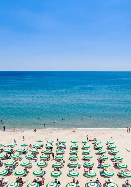 Karadeniz kıyı, mavi temiz su, kum, şemsiye ve şezlong ile plaj. Albena, Bulgaristan — Stok fotoğraf