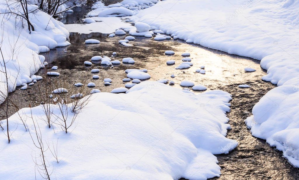 Belokurikha river in winter. Resort Belokurikha, Altai. Russia