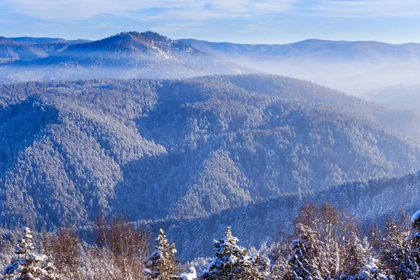 Vista dalla montagna di Tserkovka alle montagne Altai in inverno. Resort Belokurikha, Altai, Russia — Foto Stock