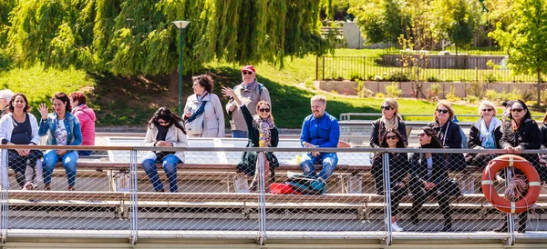 Tourists on decka tourist boat made salutation tourists of anothther ship. Seine River. France, Paris — Stock Photo, Image