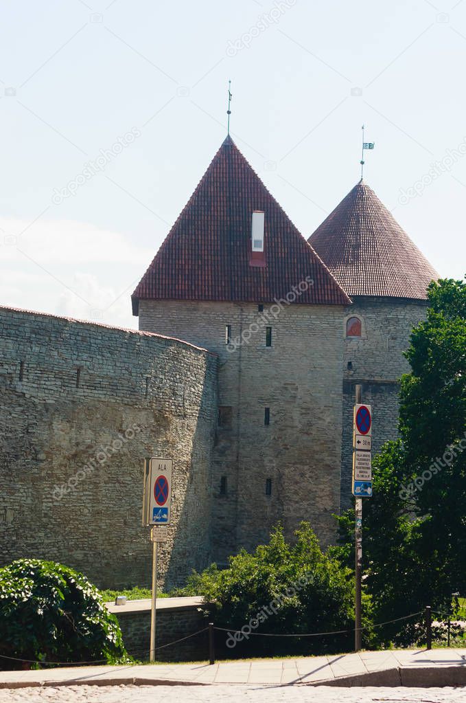 Ancient city walls and watchtowers in Tallinn, Estonia