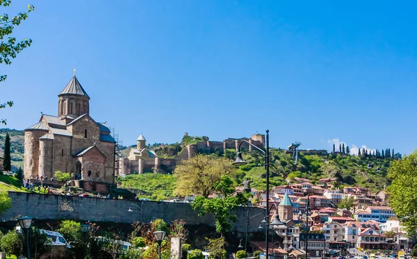 Temple of Metekhi, statue of Vakhtang Gorgasali and Narikala For —  Fotos de Stock