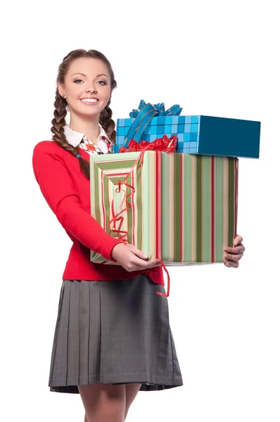 Woman holding boxes with gifts — Stock Photo, Image