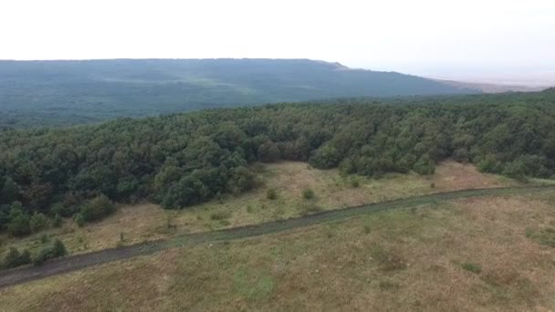 Luchtfoto. Vlucht over een groene grazige rotsachtige heuvels. Rusland, Stavropol, berg Strizhament. — Stockvideo