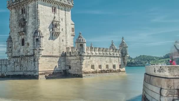 葡萄牙里斯本。贝伦塔 （塔贝伦） 是一个坚固的塔，位于塔霍河河口. — 图库视频影像
