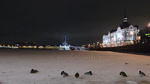 Szép éjszakai kilátás a fagyasztott Neva folyo-Szentpétervár, Oroszország — Stock videók